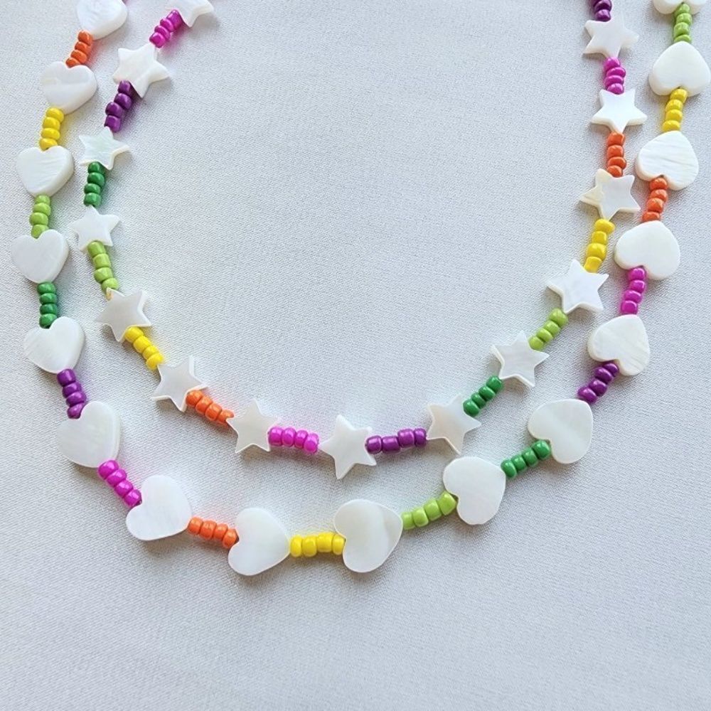 Rainbow Seed Bead Mother of Pearl Hearts Necklace